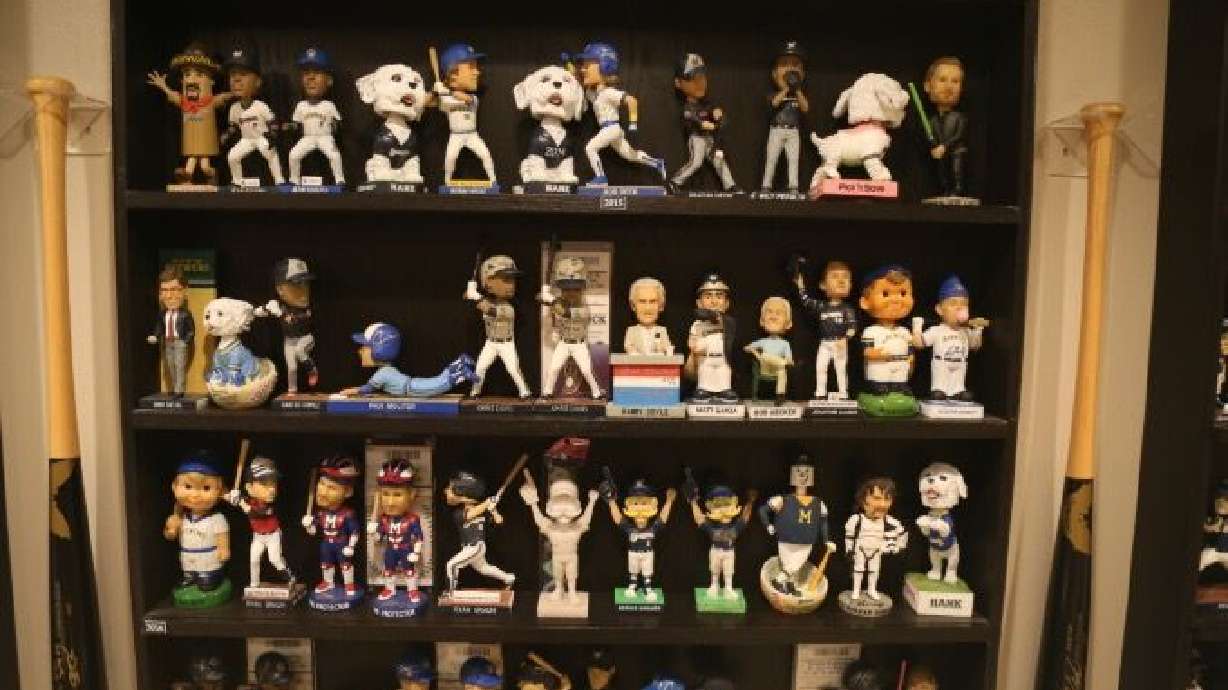 A section of Jake Paulson's bobblehead collection is pictured.