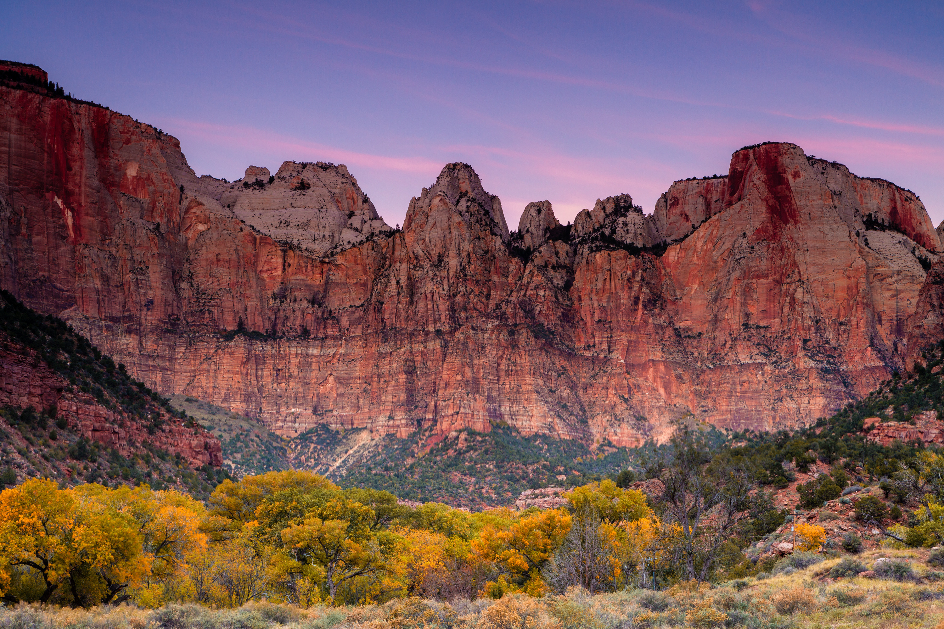 Autumn morning over the Towers of the Virgin in Zion National Park.
