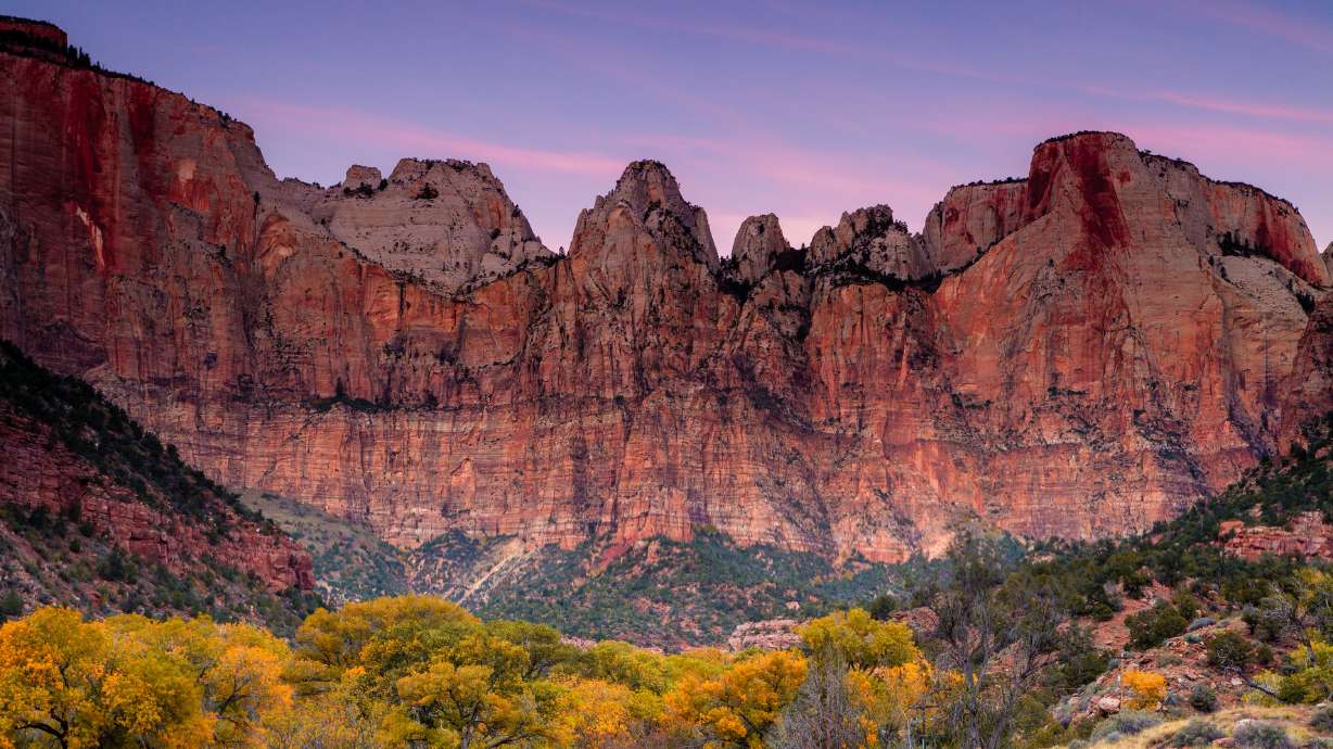 Autumn morning over the Towers of the Virgin in Zion National Park.