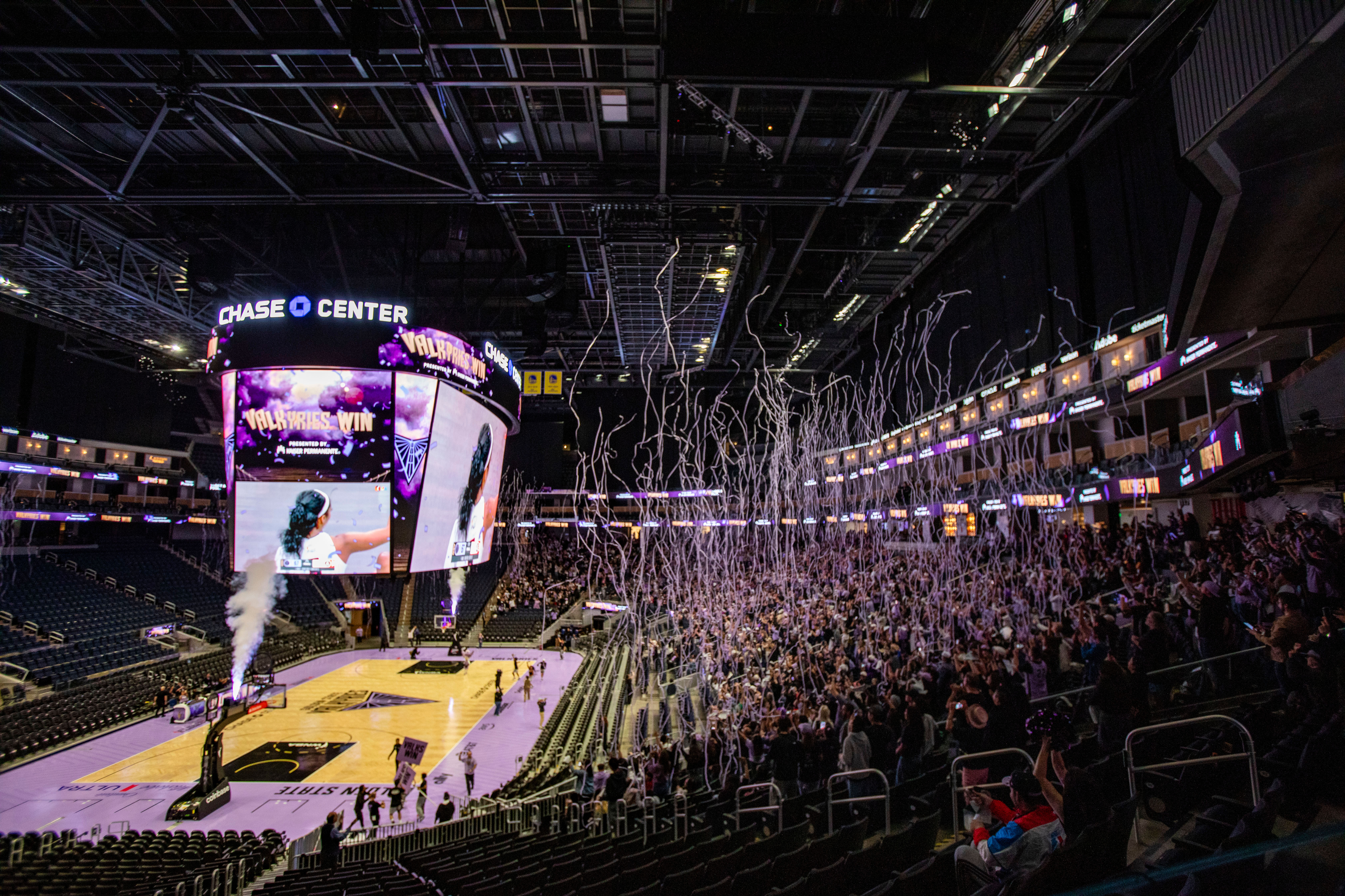 Streamers fall from the rafters following the Golden State Valkyries victory over the Atlanta Dream in Game 4 of the WNBA basketball finals against the Atlanta Dream, Saturday, Oct. 24, 2026, in Atlanta. 