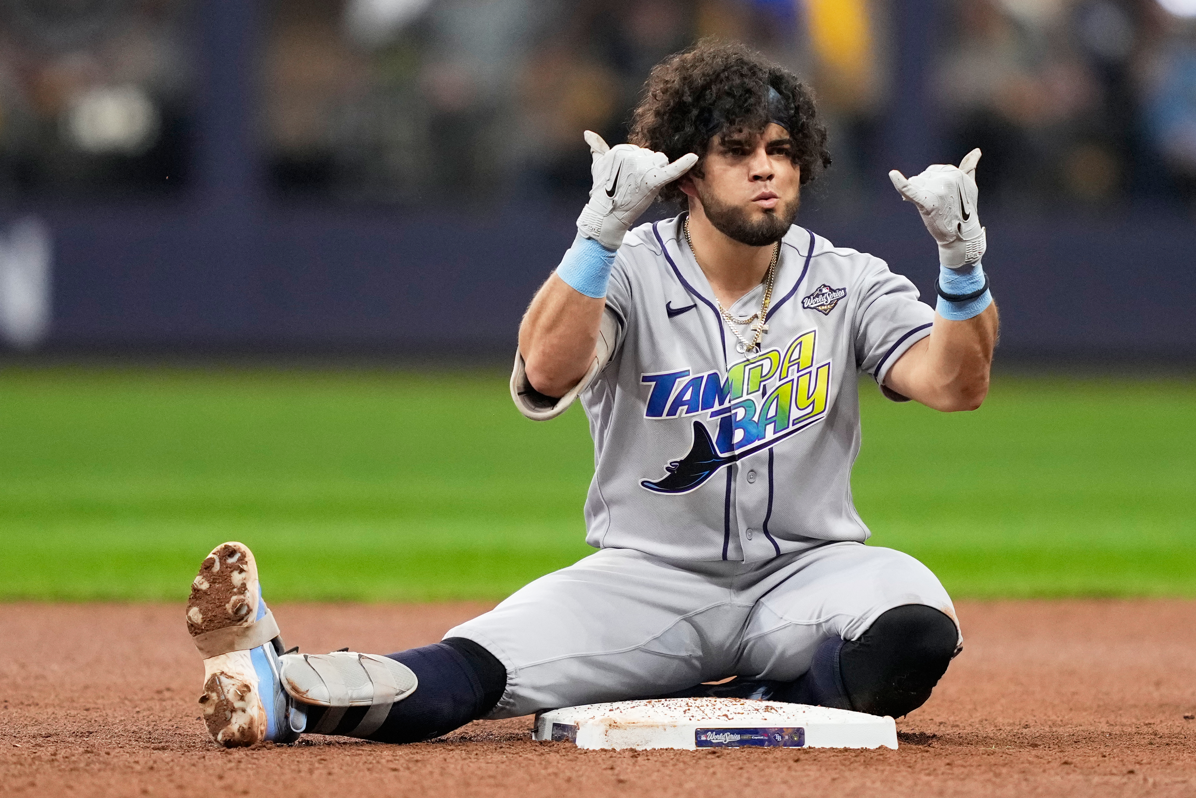 Tampa Bay Rays' Jonathan Aranda celebrates a double during the fifth inning of Game 2 of baseball's World Series, Saturday, Oct. 24, 2026, in Milwaukee, between the Milwaukee Brewers and the Tampa Bay Rays. 