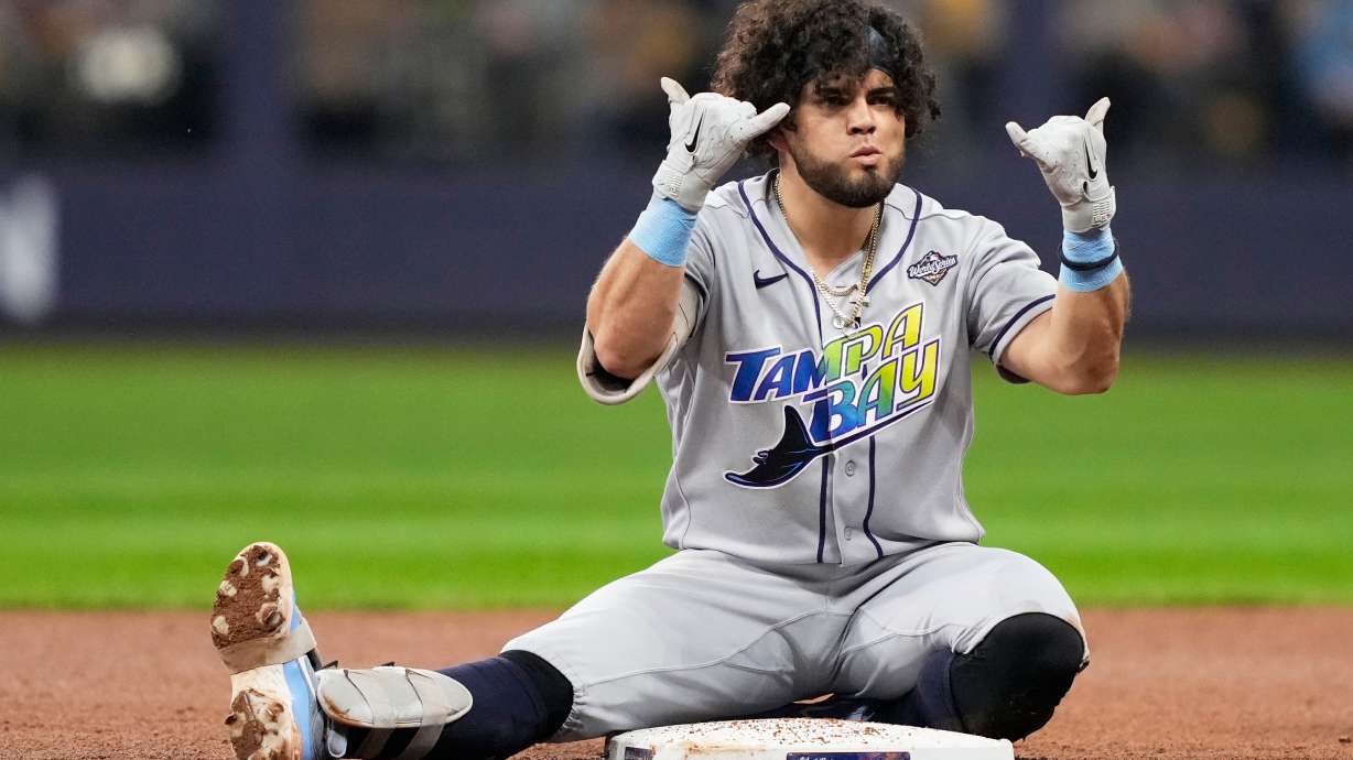 Tampa Bay Rays' Jonathan Aranda celebrates a double during the fifth inning of Game 2 of baseball's World Series, Saturday, Oct. 24, 2026, in Milwaukee, between the Milwaukee Brewers and the Tampa Bay Rays.