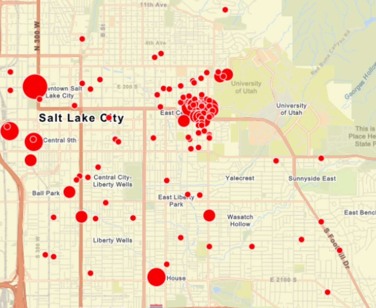 This map shows where warning letters and citations for unruly parties have been issued in Salt Lake City since it adjusted its ordinance to crack down on large parties that create excessive noise, property damage or safety concerns.