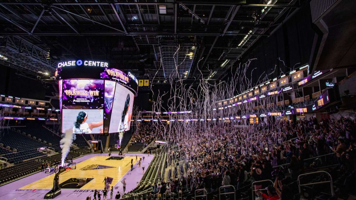 Streamers fall from the rafters following the Golden State Valkyries victory over the Atlanta Dream in Game 4 of the WNBA basketball finals against the Atlanta Dream, Saturday, Oct. 24, 2026, in Atlanta.