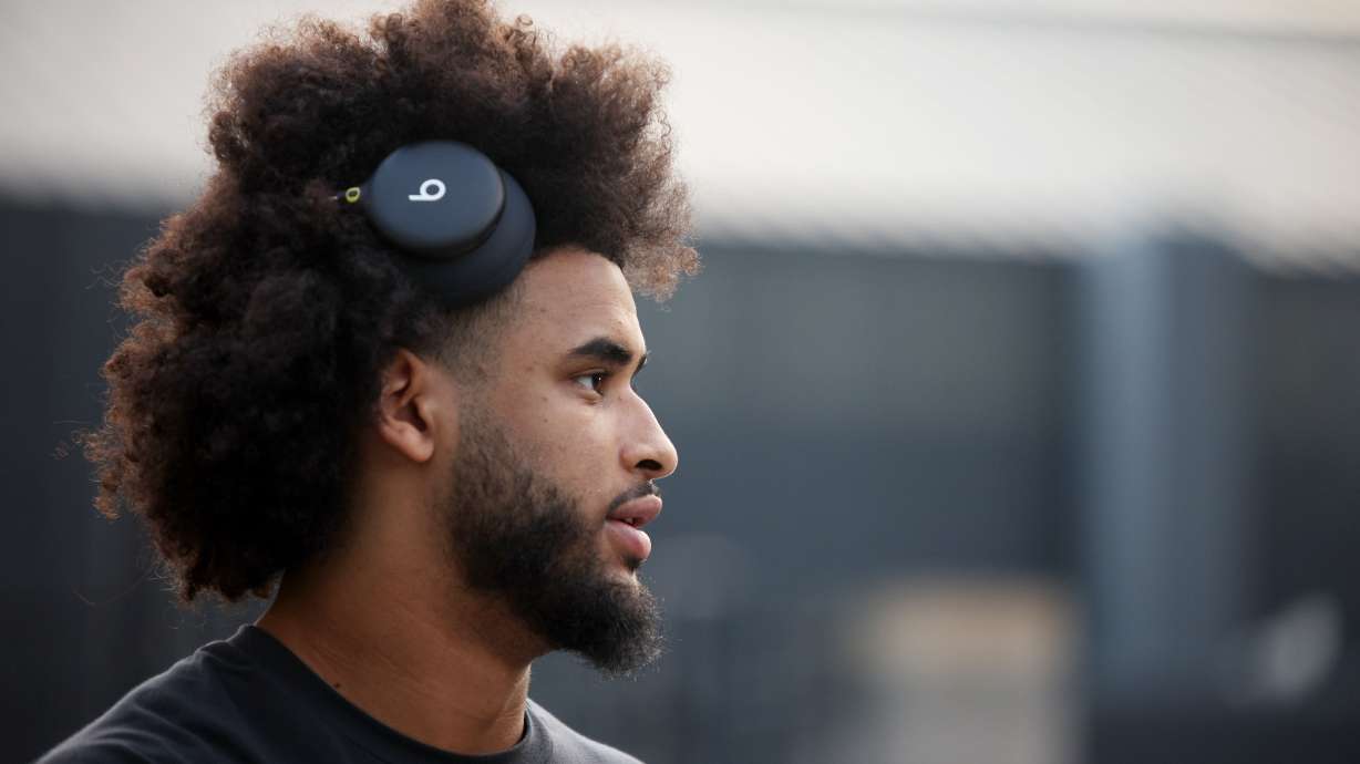 Oregon quarterback Dante Moore (5) looks on before an NCAA college football game against Nebraska, Saturday, Oct. 17, 2026, in Eugene, Ore.