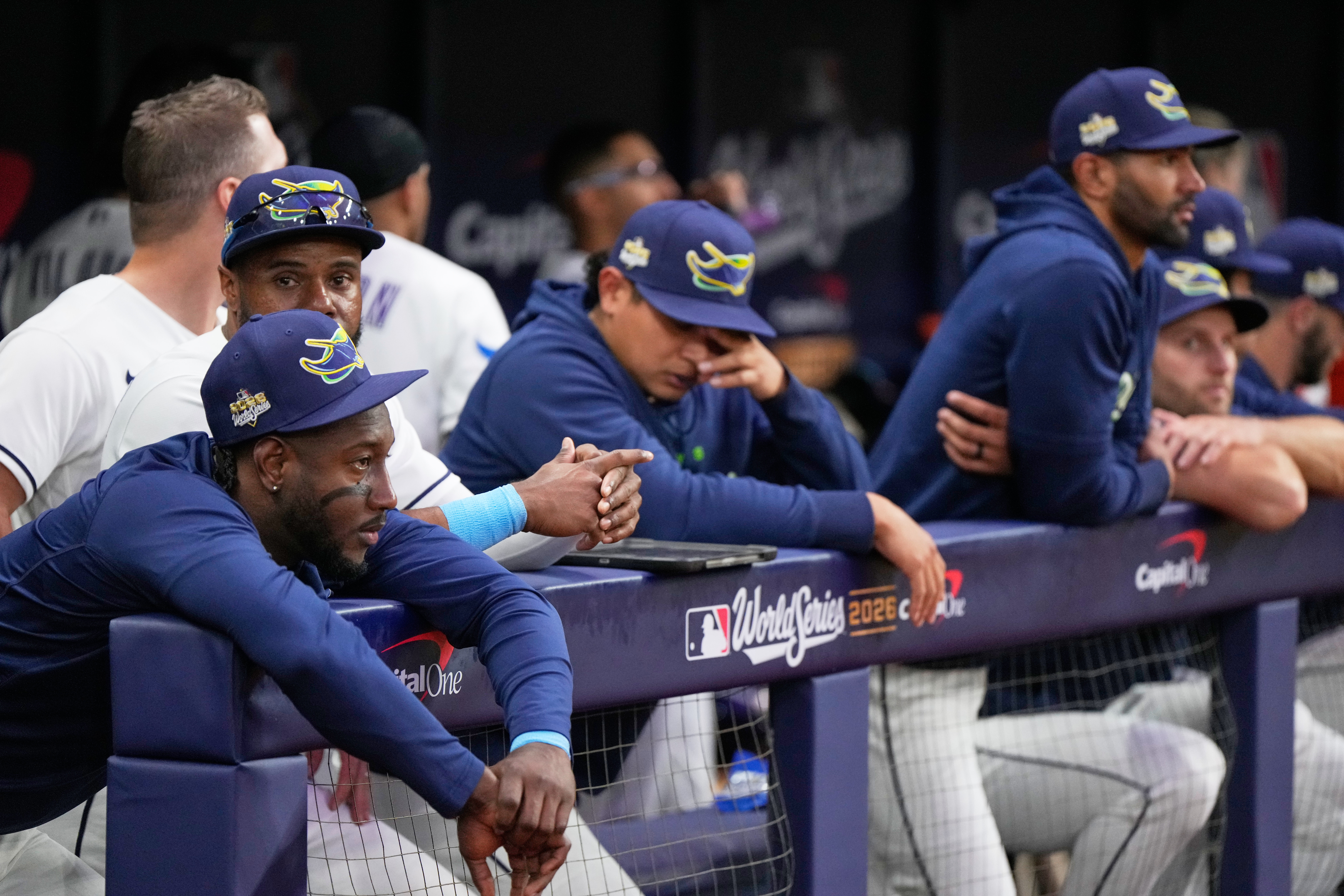 Members of the Tampa Bay Rays watch during the seventh inning of Game 3 of baseball's World Series, Monday, Oct. 26, 2026, in St. Petersburg, Fla., between the Milwaukee Brewers and the Tampa Bay Rays. 