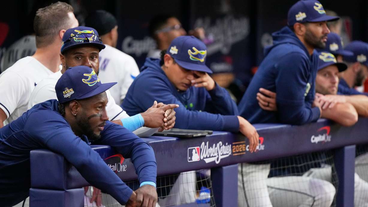 Members of the Tampa Bay Rays watch during the seventh inning of Game 3 of baseball's World Series, Monday, Oct. 26, 2026, in St. Petersburg, Fla., between the Milwaukee Brewers and the Tampa Bay Rays.