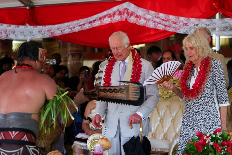 Britain's King Charles and Queen Camilla attend a ceremony at Siumu Village, Samoa, on Oct. 26, 2024.