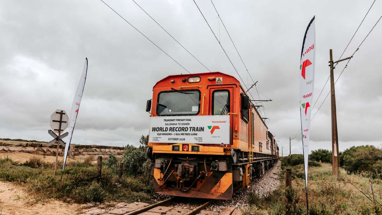 In this photo provided by the Transnet Freight Rail, a freight train that claims to be the longest in the world is seen in Saldanha Bay, South Africa, on Oct. 17.