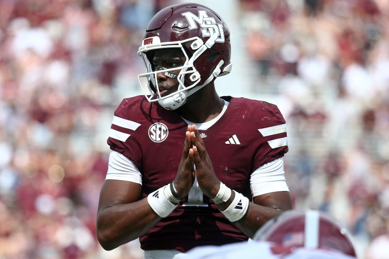 Oct 3, 2026; Starkville, Mississippi, USA; Mississippi State Bulldogs quarterback Kamario Taylor (1) waits for the snap during the third quarter against the Alabama Crimson Tide at Davis Wade Stadium at Scott Field.