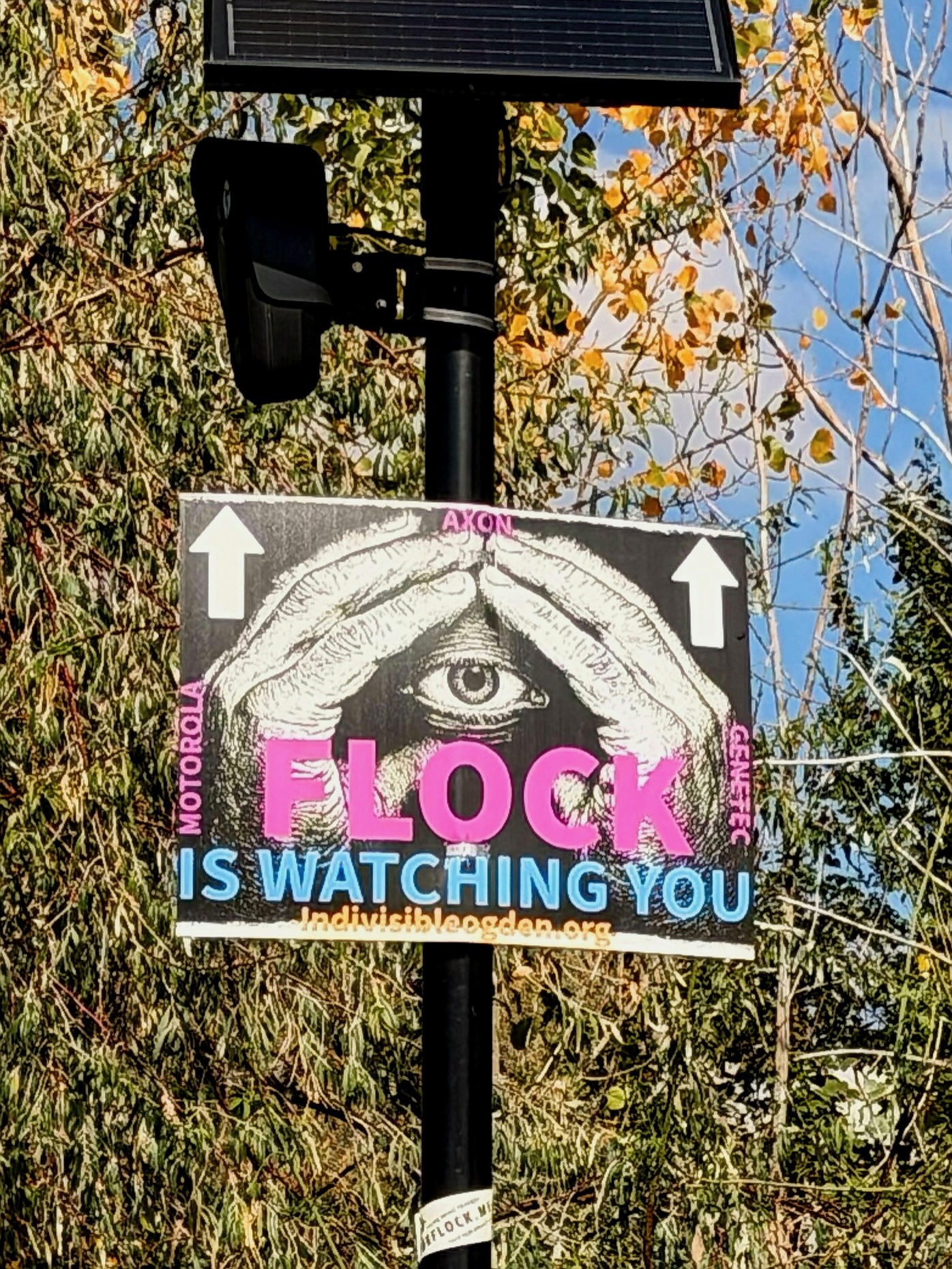 The photo shows one of the signs David Belnap placed on a license-plate reader. He faces a misdemeanor count for placing one of the signs on the pole holding a camera in Marriott-Slaterville on Sunday.