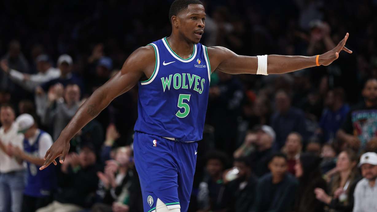 Minnesota Timberwolves guard Anthony Edwards celebrates scoring during the first half of an NBA basketball game against the Toronto Raptors, Sunday, Oct. 25, 2026, in Minneapolis.