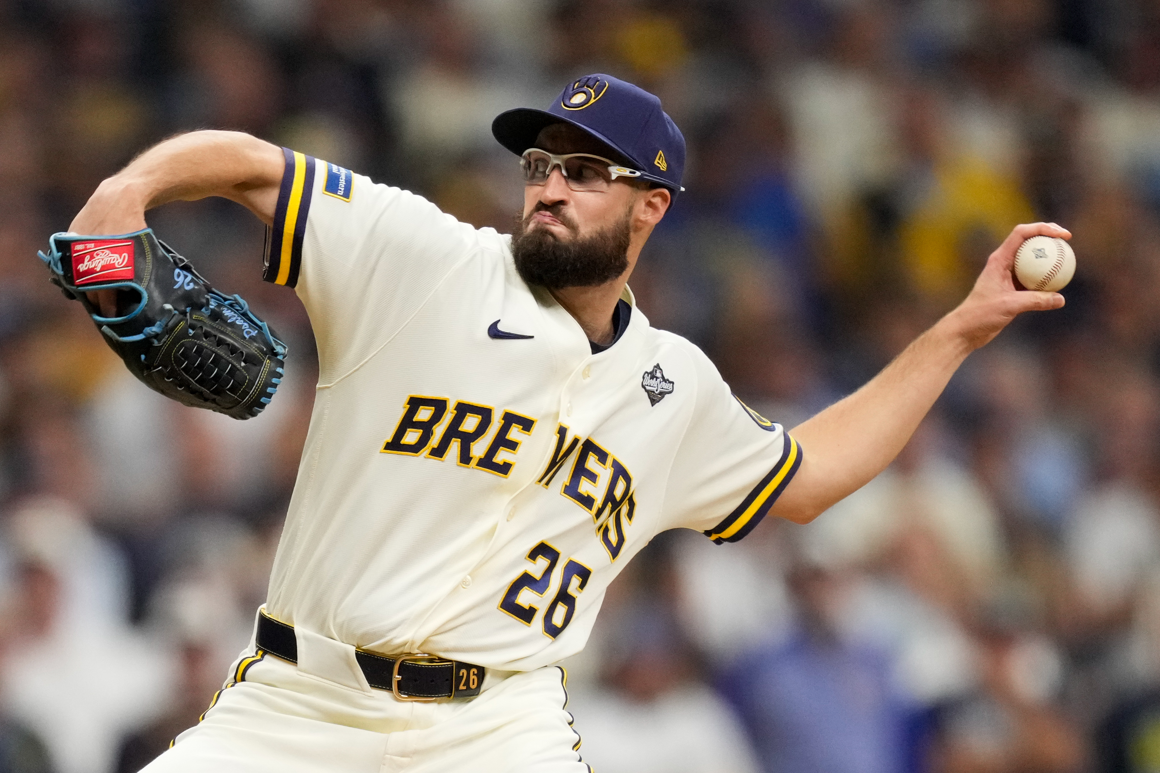Milwaukee Brewers pitcher Aaron Ashby throws during the eighth inning of Game 2 of baseball's World Series, Saturday, Oct. 24, 2026, in Milwaukee, between the Milwaukee Brewers and the Tampa Bay Rays. 