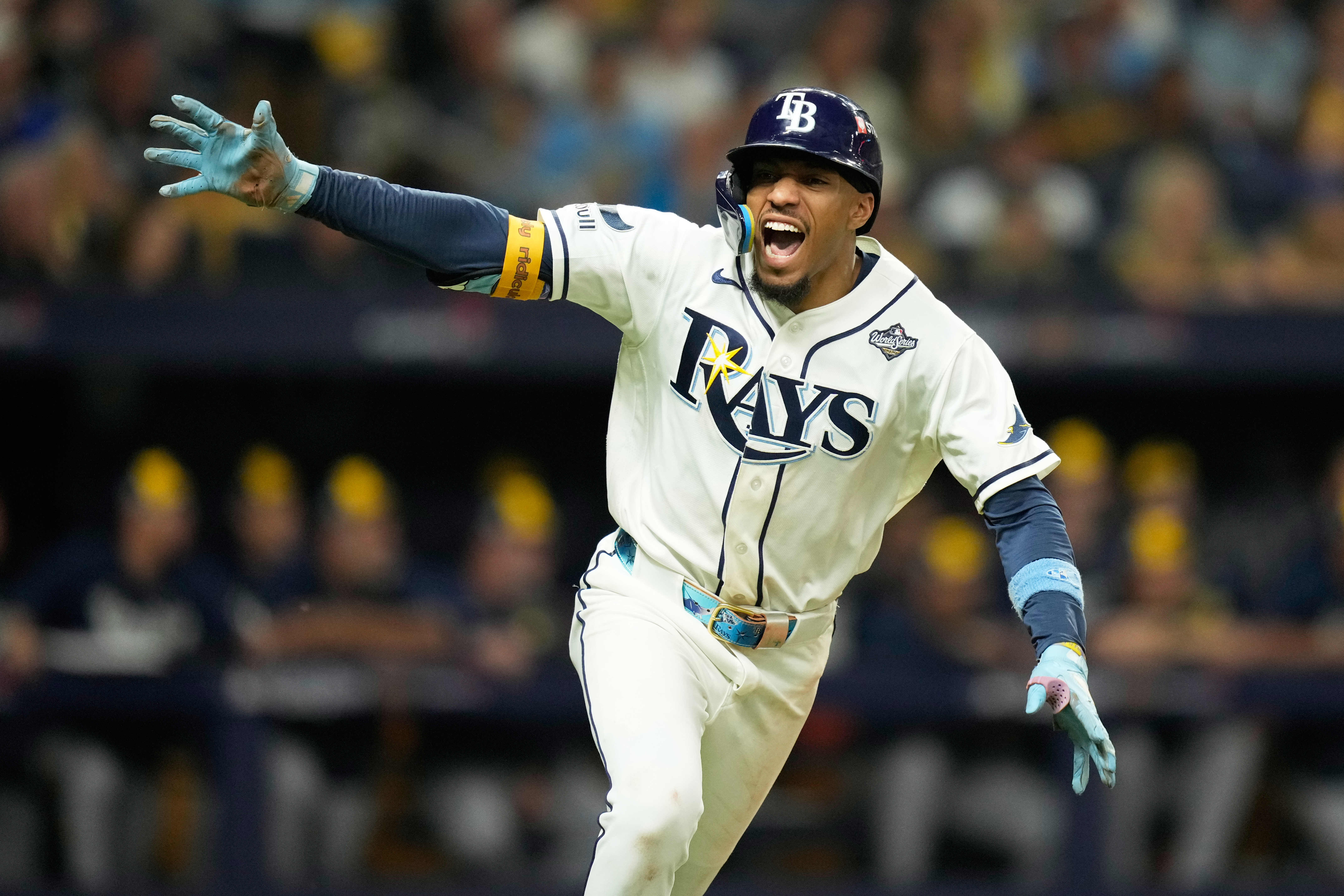 Tampa Bay Rays' Chandler Simpson celebrates during the 12th inning of Game 4 of baseball's World Series, Wednesday, Oct. 28, 2026, in St. Petersburg, Fla., between the Milwaukee Brewers and the Tampa Bay Rays. 