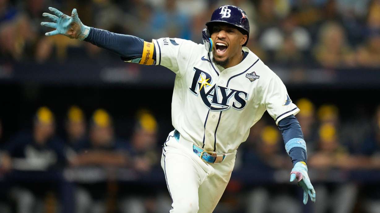 Tampa Bay Rays' Chandler Simpson celebrates during the 12th inning of Game 4 of baseball's World Series, Wednesday, Oct. 28, 2026, in St. Petersburg, Fla., between the Milwaukee Brewers and the Tampa Bay Rays.