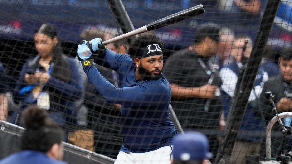 Tampa Bay Rays third baseman Junior Caminero takes batting practice prior to Game 4 of baseball's World Series, Tuesday, Oct. 27, 2026, in St. Petersburg, Fla., between the Milwaukee Brewers and the Tampa Bay Rays.