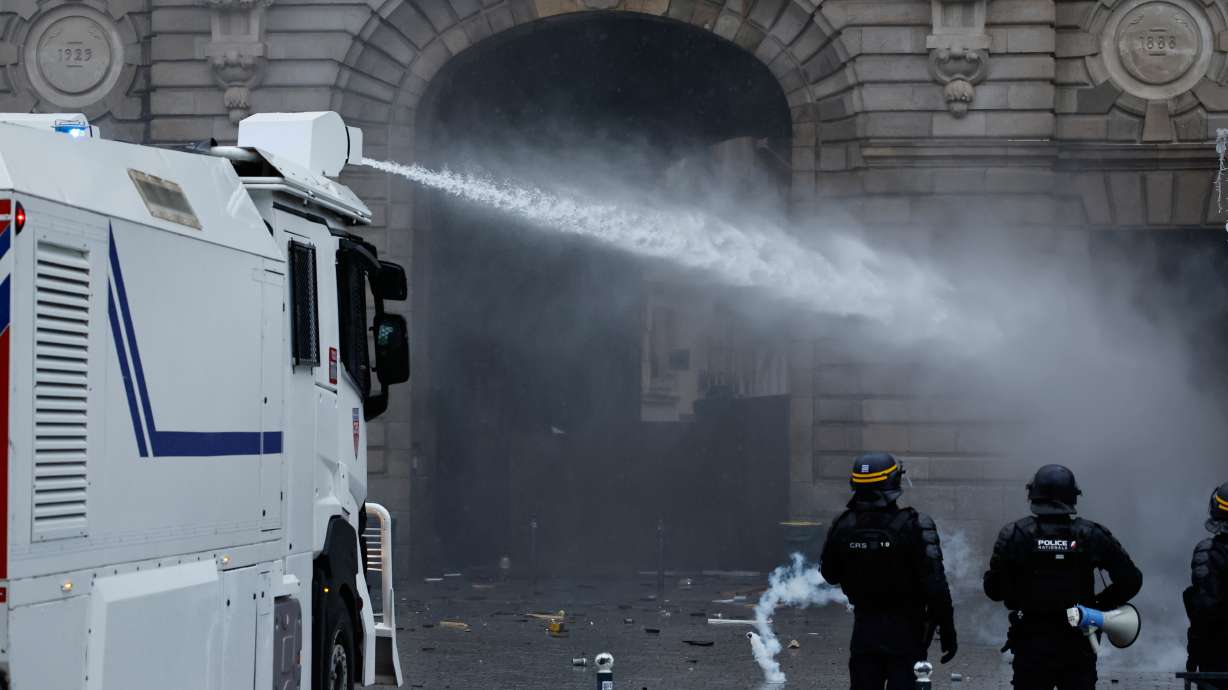 Police use a water cannon after a demonstration against rising living costs in Rennes, France, Saturday, Oct. 24, 2026.