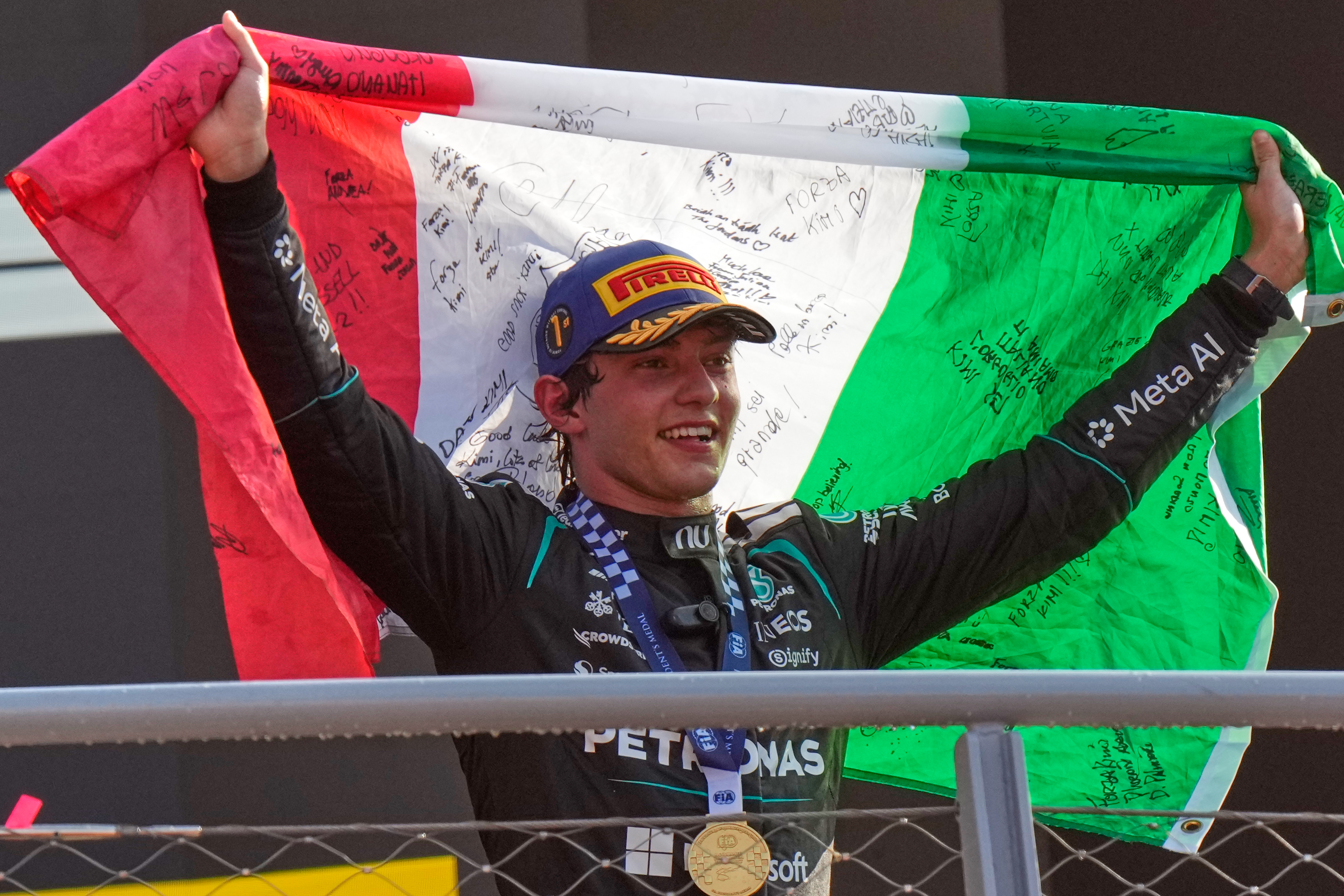FILE - Mercedes driver Andrea Kimi Antonelli, of Italy, celebrates on the podium after winning the Italian Formula One Grand Prix race in Monza, Italy, Sept. 6, 2026. 