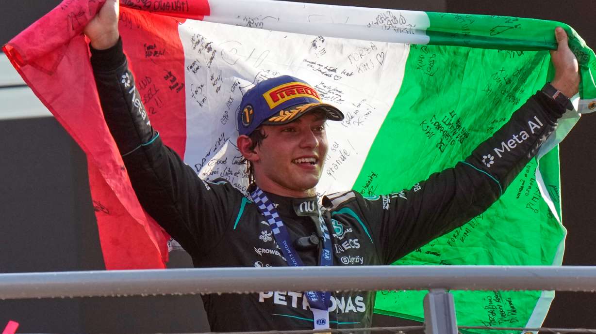 FILE - Mercedes driver Andrea Kimi Antonelli, of Italy, celebrates on the podium after winning the Italian Formula One Grand Prix race in Monza, Italy, Sept. 6, 2026.