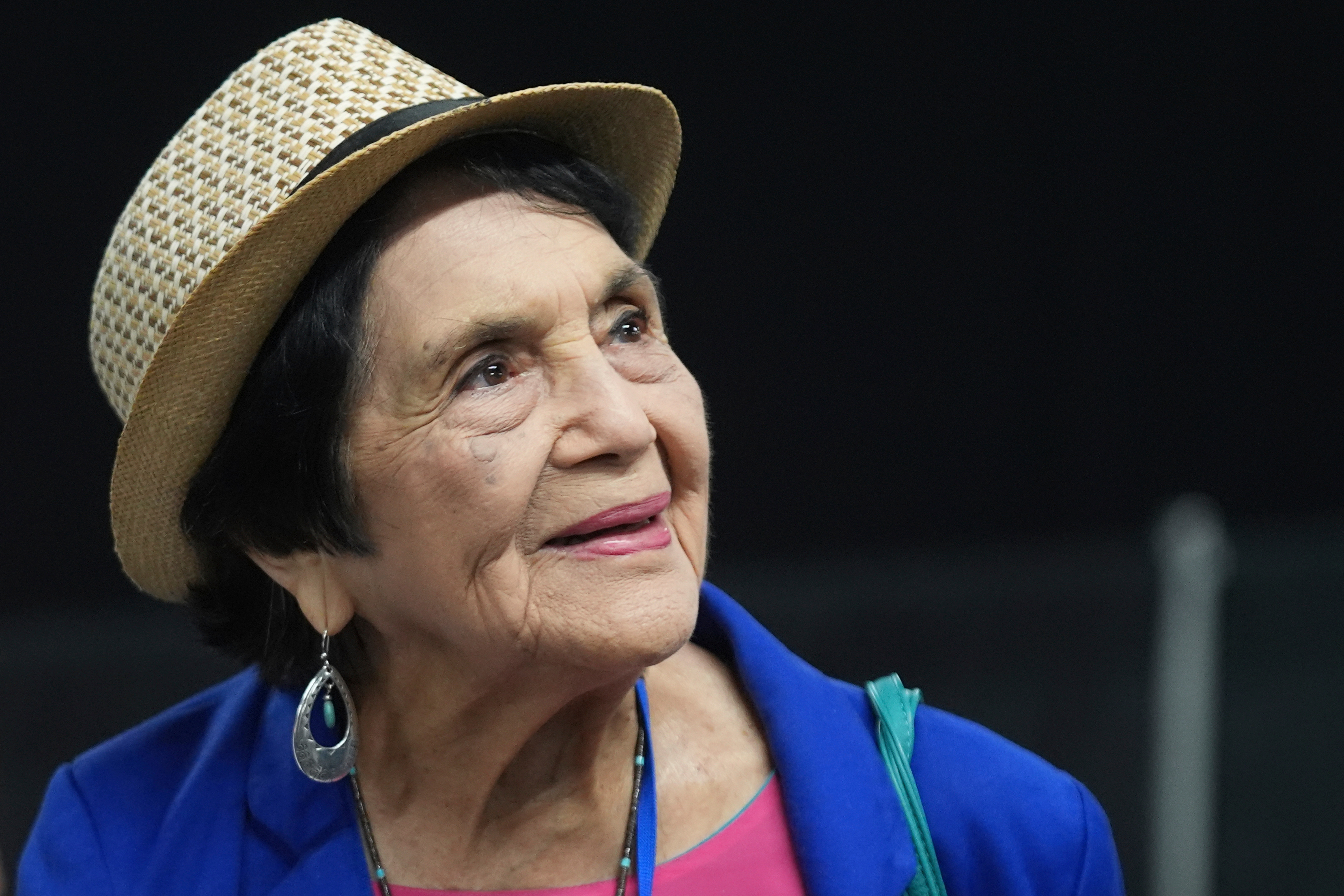 Dolores Huertam, labor leader, civil rights activist and co-founder of the National Farm Workers Association at the California Democratic Party's 2025 State Convention at the Anaheim Convention Center, May 31, 2025. Huerta died on Wednesday at the age of 96.