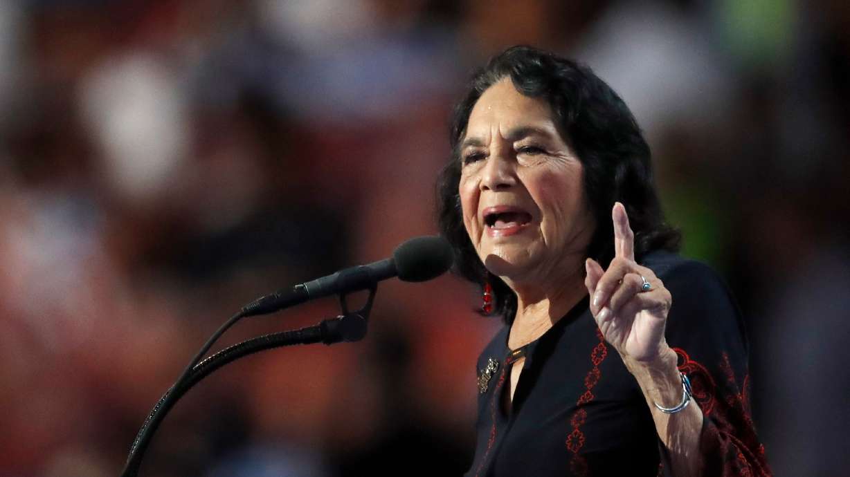 Civil rights leader Dolores Huerta speaks during the final day of the Democratic National Convention in Philadelphia, July 28, 2016. Huerta died on Wednesday at the age of 96.