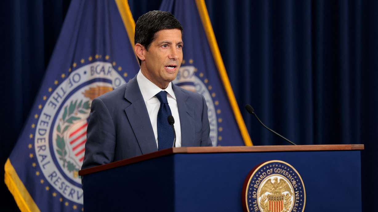 Federal Reserve Chair Kevin Warsh holds a press conference, following a two-day meeting of the Federal Open Market Committee in Washington, Wednesday. The Fed held interest rates steady, as expected.