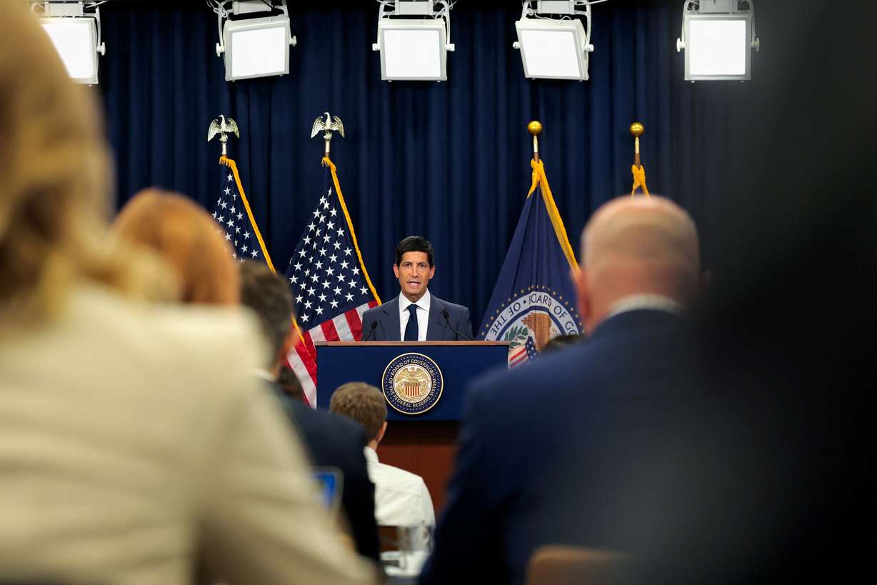 Federal Reserve Chair Kevin Warsh holds a press conference, following a two-day meeting of the Federal Open Market Committee in Washington, Wednesday. The Fed held interest rates steady, as expected.