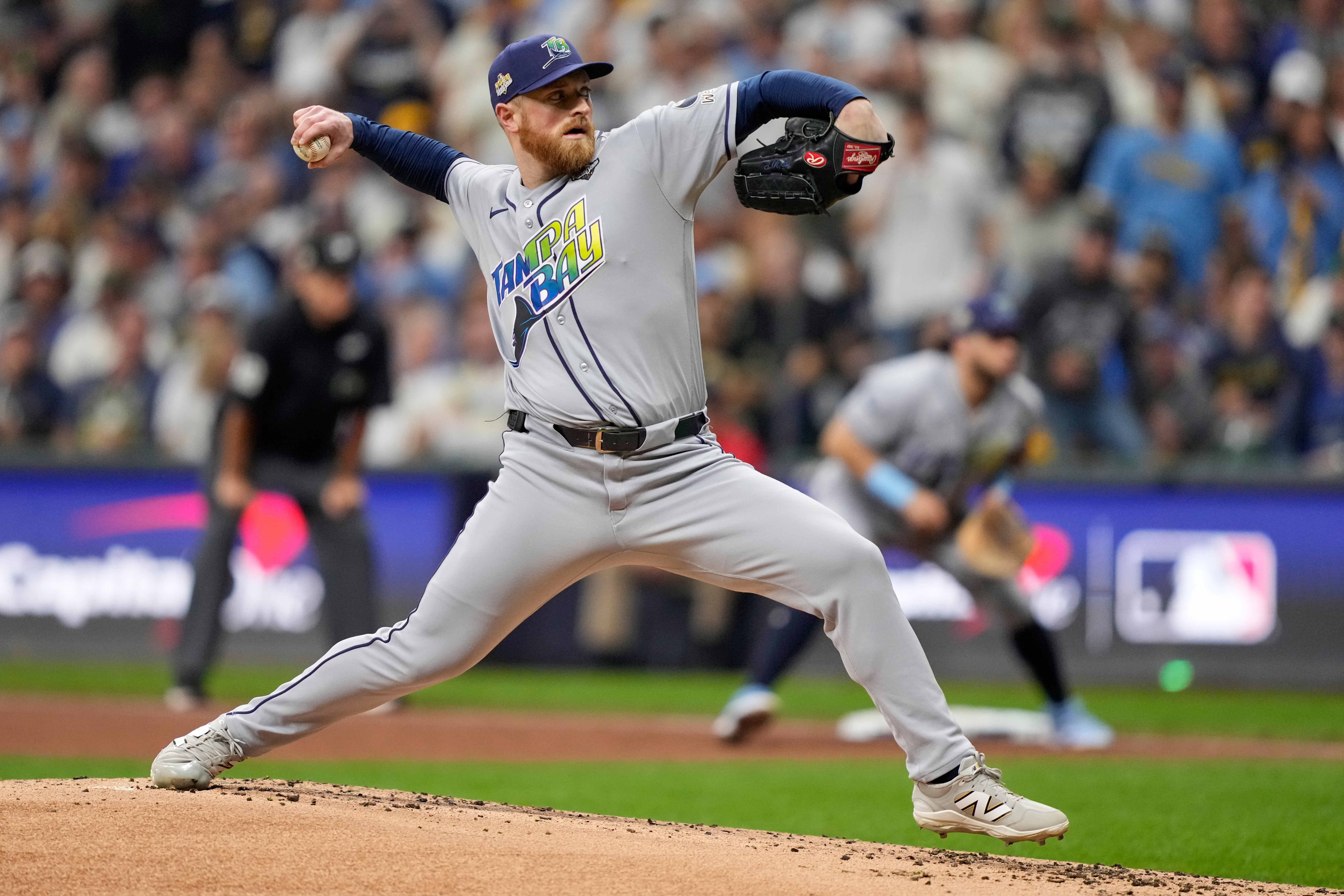 Tampa Bay Rays pitcher Drew Rasmussen throws during first inning of Game 2 of baseball's World Series, Saturday, Oct. 24, 2026, in Milwaukee, between the Milwaukee Brewers and the Tampa Bay Rays. 