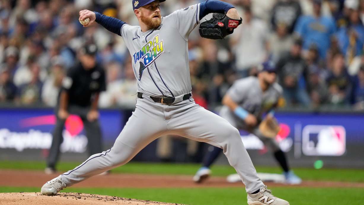 Tampa Bay Rays pitcher Drew Rasmussen throws during first inning of Game 2 of baseball's World Series, Saturday, Oct. 24, 2026, in Milwaukee, between the Milwaukee Brewers and the Tampa Bay Rays.