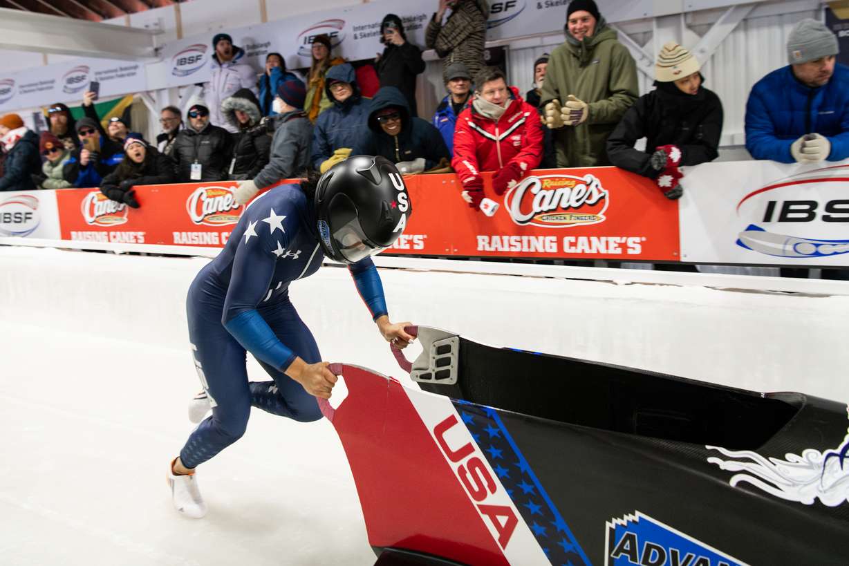 Team USA bobsled athlete Kaysha Love is pictured at an International Bobsleigh and Skeleton Federation competition. 47G and Utah-based companies Albany Engineered Composites, Hexcel and Nammo Composite Solutions have partnered to put aerospace-grade composites in the next generation of bobsleds for Team USA athletes.