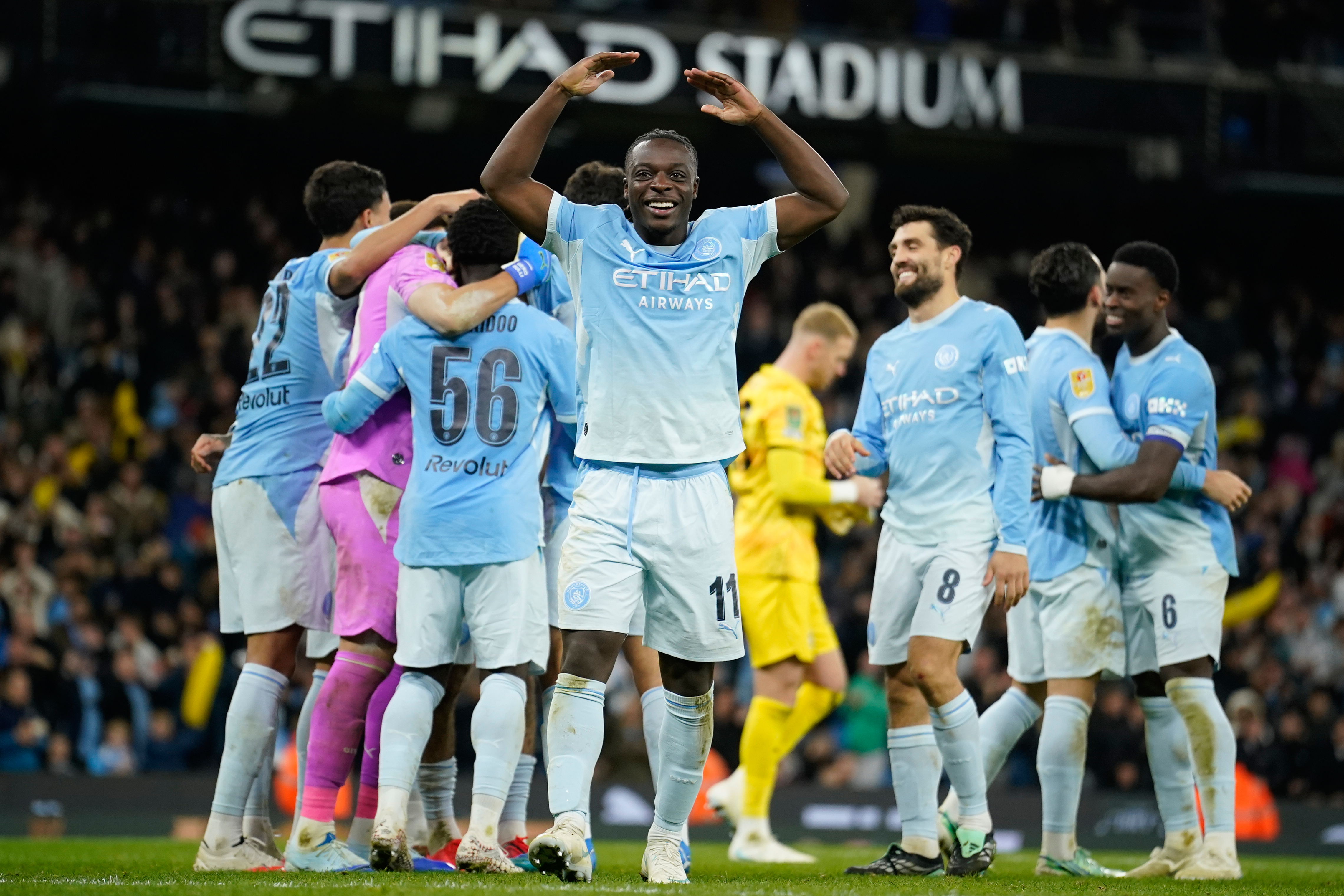 Manchester City players celebrate at the end of the English League Cup soccer match between Manchester City and Brighton and Hove Albion in Manchester, England, Wednesday, Oct. 28, 2026. 