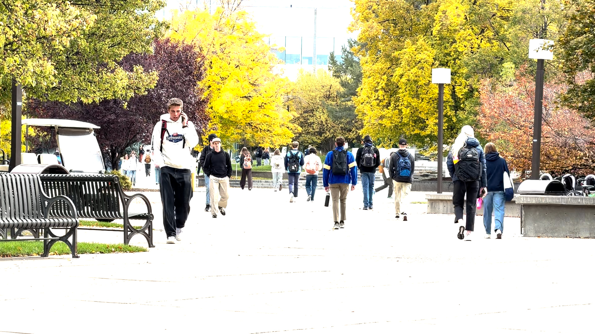 Students walk between classes at Utah State University in Logan.