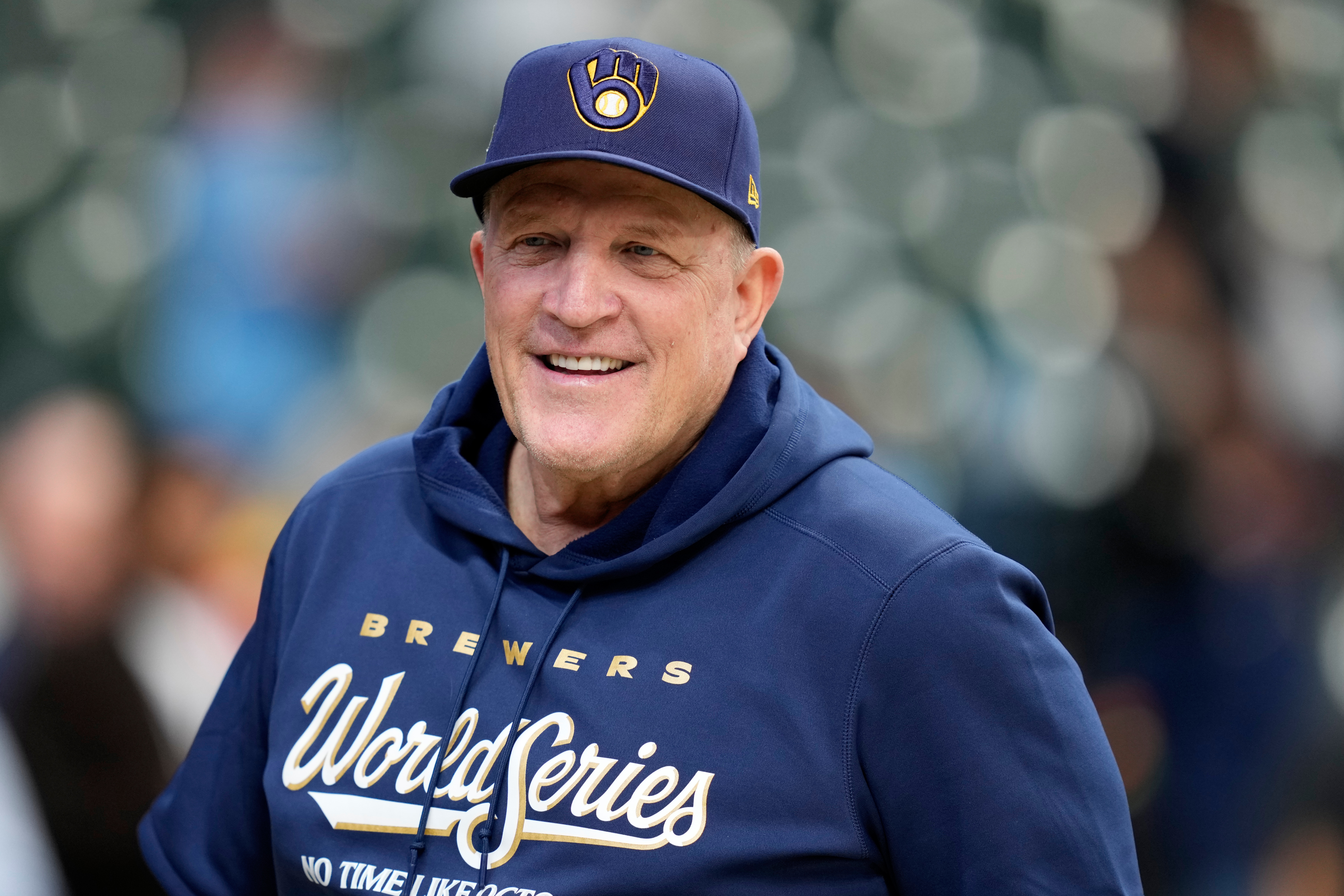 Milwaukee Brewers manager Pat Murphy watches batting practice before Game 1 of baseball's World Series, Friday, Oct. 23, 2026, in Milwaukee, between the Milwaukee Brewers and the Tampa Bay Rays. 
