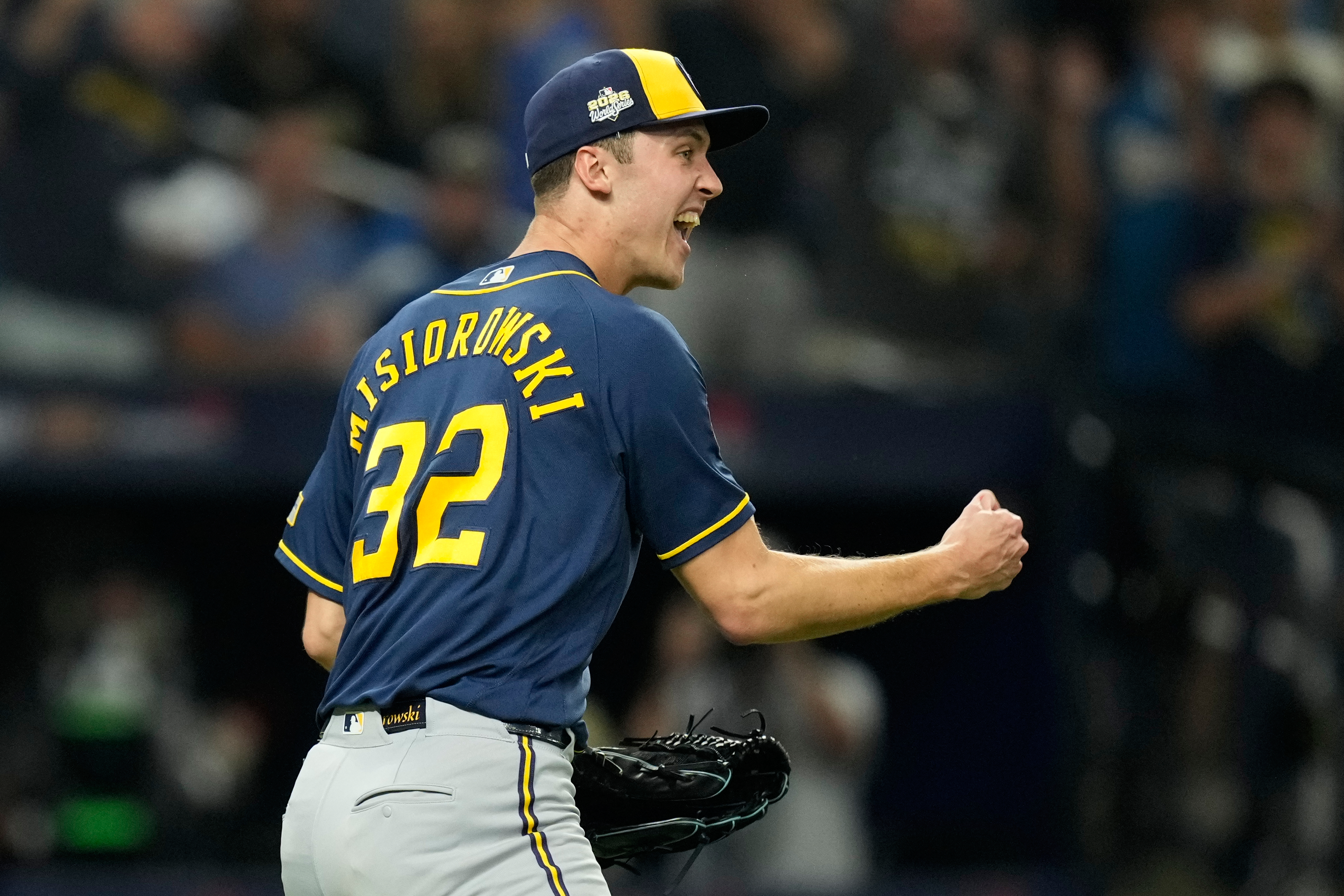 Milwaukee Brewers pitcher Jacob Misiorowski celebrates the end of the fourth inning of Game 5 of baseball's World Series, Wednesday, Oct. 28, 2026, in St. Petersburg, Fla., between the Milwaukee Brewers and the Tampa Bay Rays. 