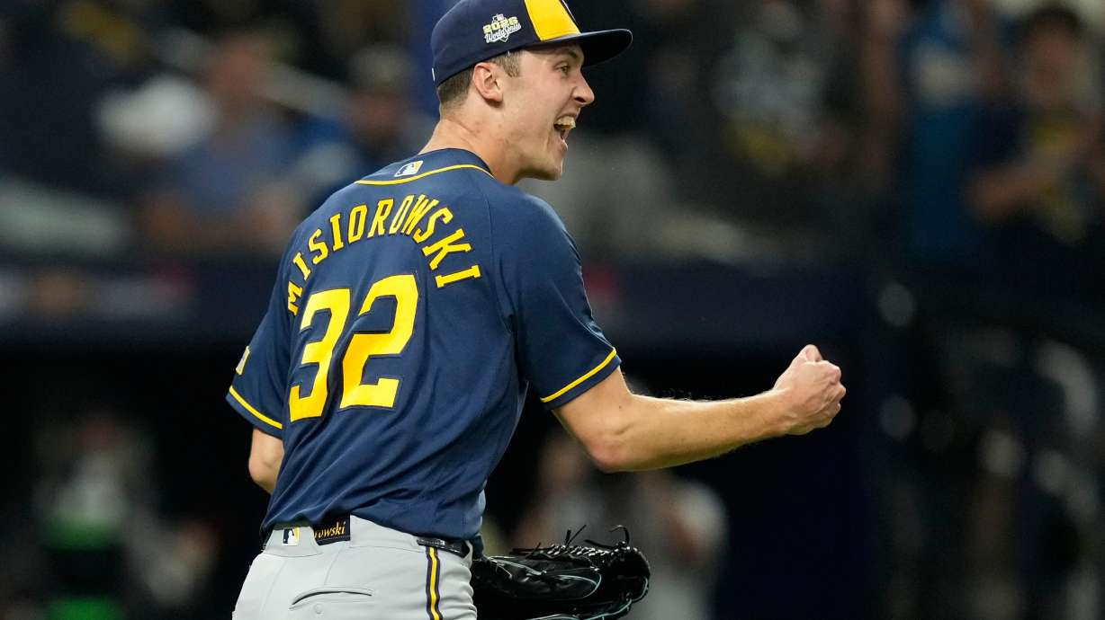 Milwaukee Brewers pitcher Jacob Misiorowski celebrates the end of the fourth inning of Game 5 of baseball's World Series, Wednesday, Oct. 28, 2026, in St. Petersburg, Fla., between the Milwaukee Brewers and the Tampa Bay Rays.