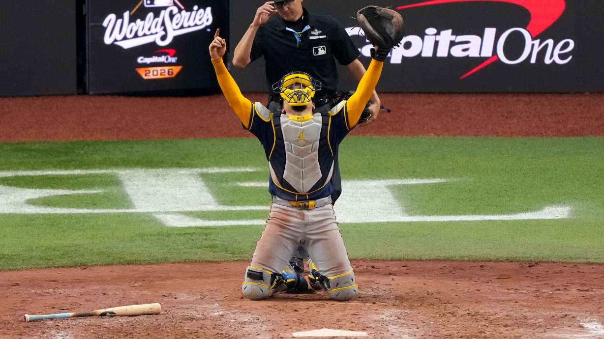 Milwaukee Brewers catcher William Contreras celebrates after winning baseball's World Series, against the Tampa Bay Rays, Wednesday, Oct. 28, 2026, in St. Petersburg, Fla.