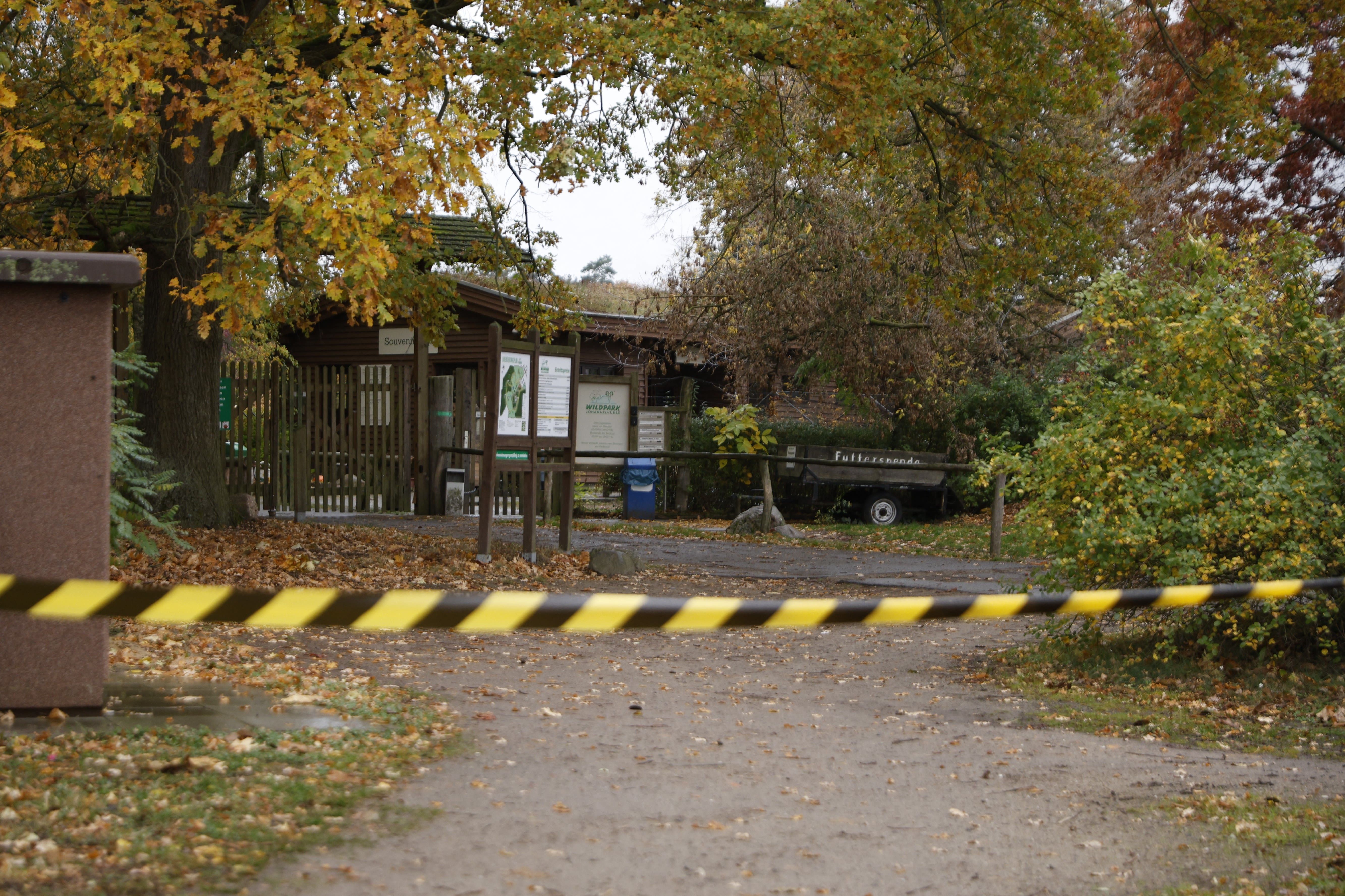 The entrance to the Johannismühle Wildlife Park, Germany, is cordoned off after a child was injured in a wolf attack.
