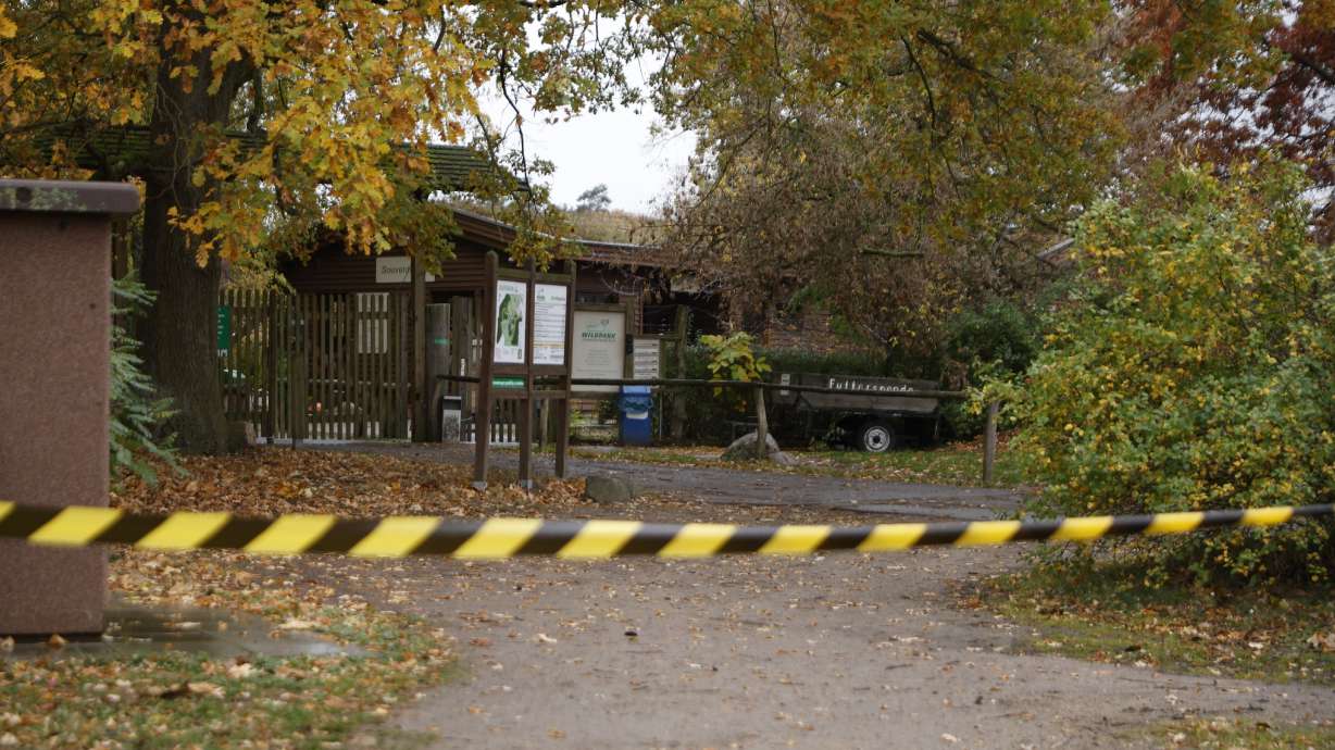 The entrance to the Johannismühle Wildlife Park, Germany, is cordoned off after a child was injured in a wolf attack.