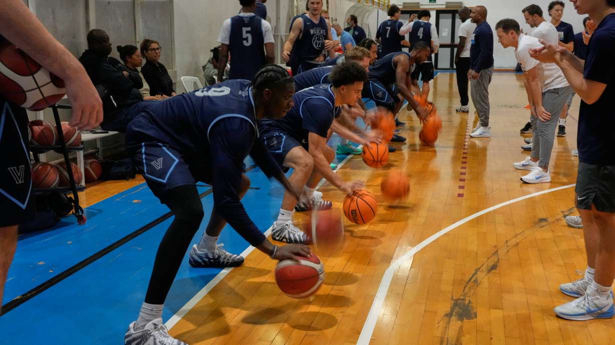 The Villanova men's basketball team takes part in a training session in Rome, Thursday, Oct. 29, 2026.