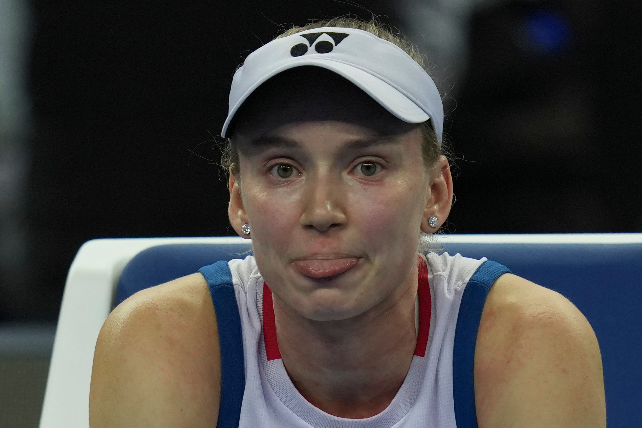 Elena Rybakina, of Kazakhstan, reacts during a women's singles second round match against Alina Charaeva, of Armenia, in the China Open tennis tournament in Beijing, Saturday, Oct. 3, 2026. 