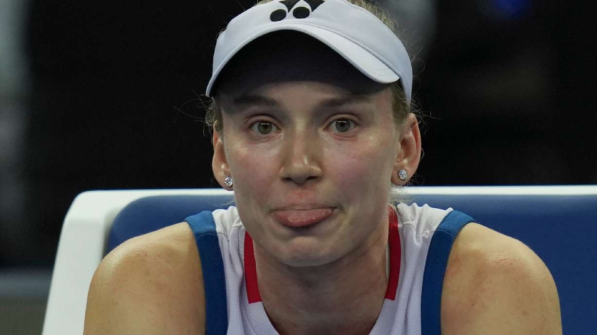 Elena Rybakina, of Kazakhstan, reacts during a women's singles second round match against Alina Charaeva, of Armenia, in the China Open tennis tournament in Beijing, Saturday, Oct. 3, 2026.