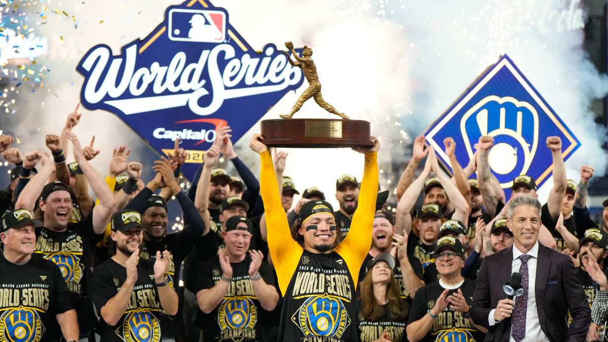 Milwaukee Brewers catcher William Contreras holds the MVP trophy after they won baseball's World Series against the Tampa Bay Rays, Wednesday, Oct. 28, 2026, in St. Petersburg, Fla.