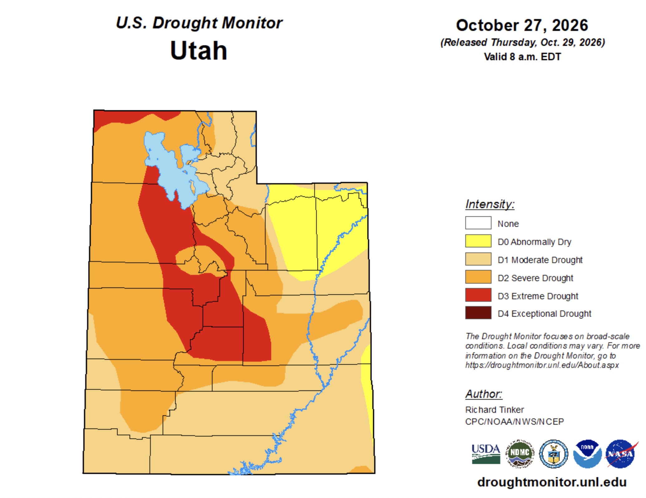 This map shows Utah's drought conditions as of this week. The U.S. Drought Monitor is jointly produced by the National Drought Mitigation Center at the University of Nebraska-Lincoln, the United States Department of Agriculture, the National Oceanic and Atmospheric Administration and the National Aeronautics and Space Administration.