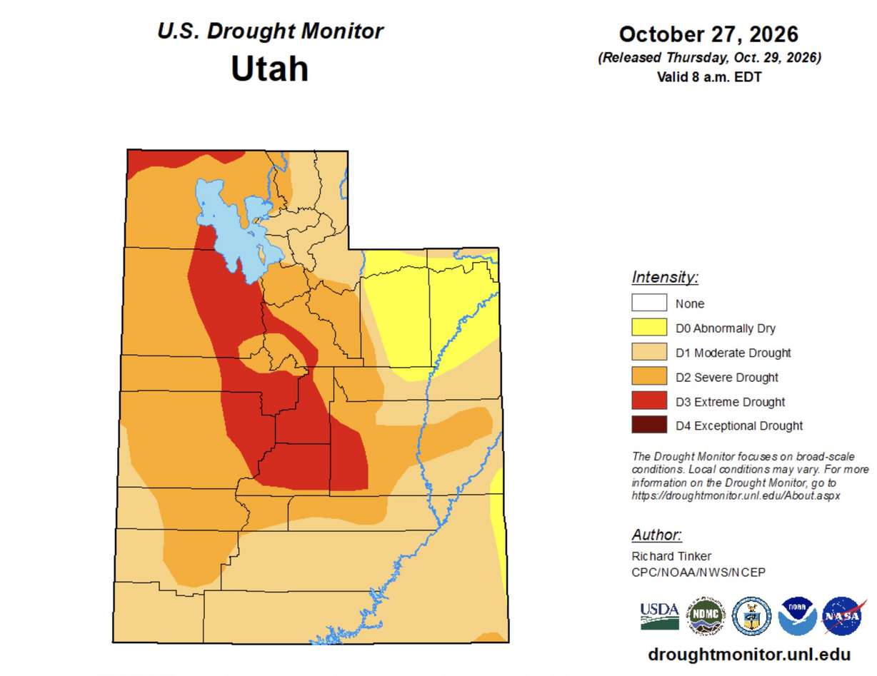 This map shows Utah's drought conditions as of this week. The U.S. Drought Monitor is jointly produced by the National Drought Mitigation Center at the University of Nebraska-Lincoln, the United States Department of Agriculture, the National Oceanic and Atmospheric Administration and the National Aeronautics and Space Administration.