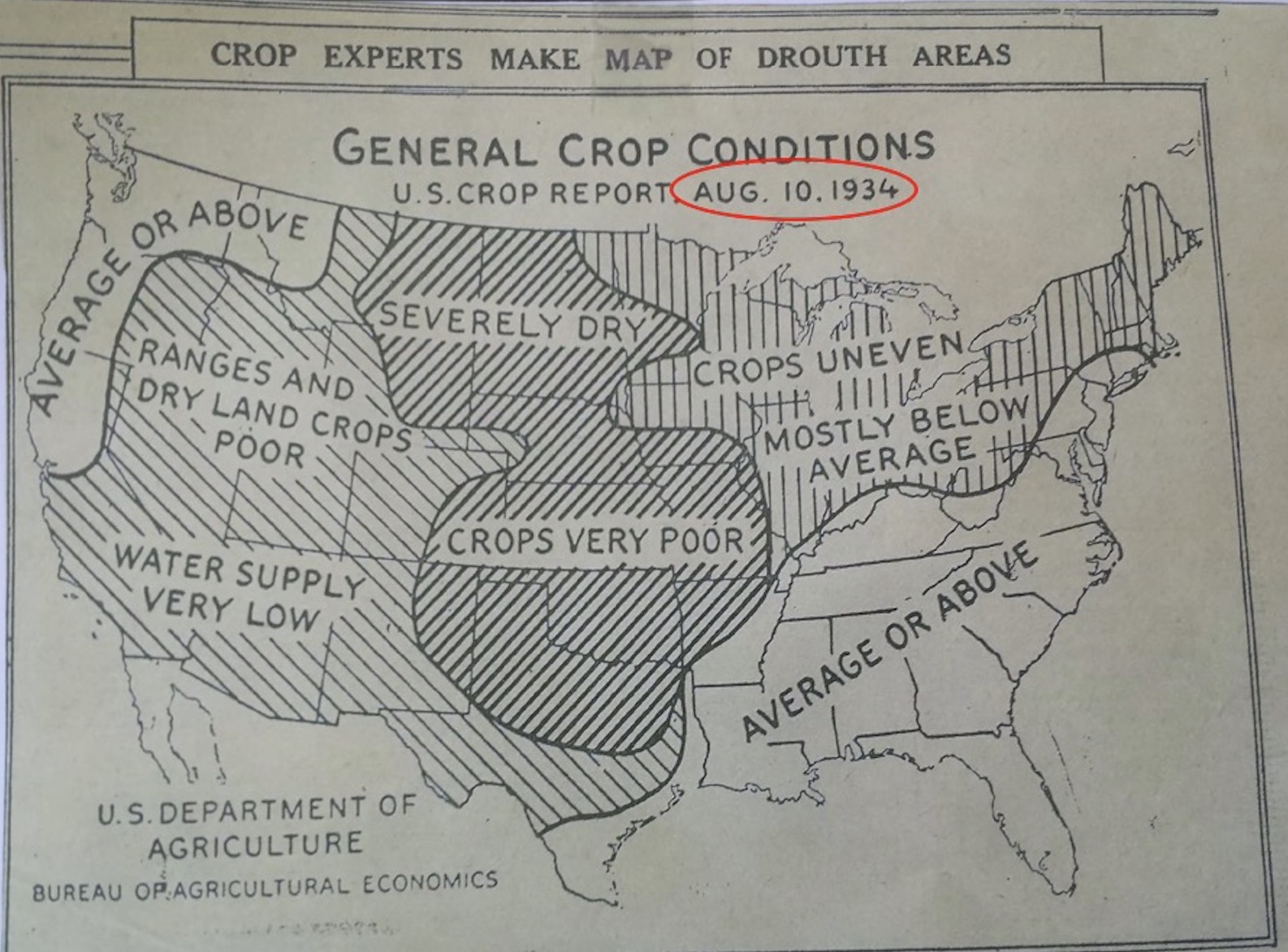 A map of U.S. drought conditions on Aug. 10, 1934. Drought experts note that drought metrics  were mostly qualitative until the U.S. Drought Monitor was established in 1999.