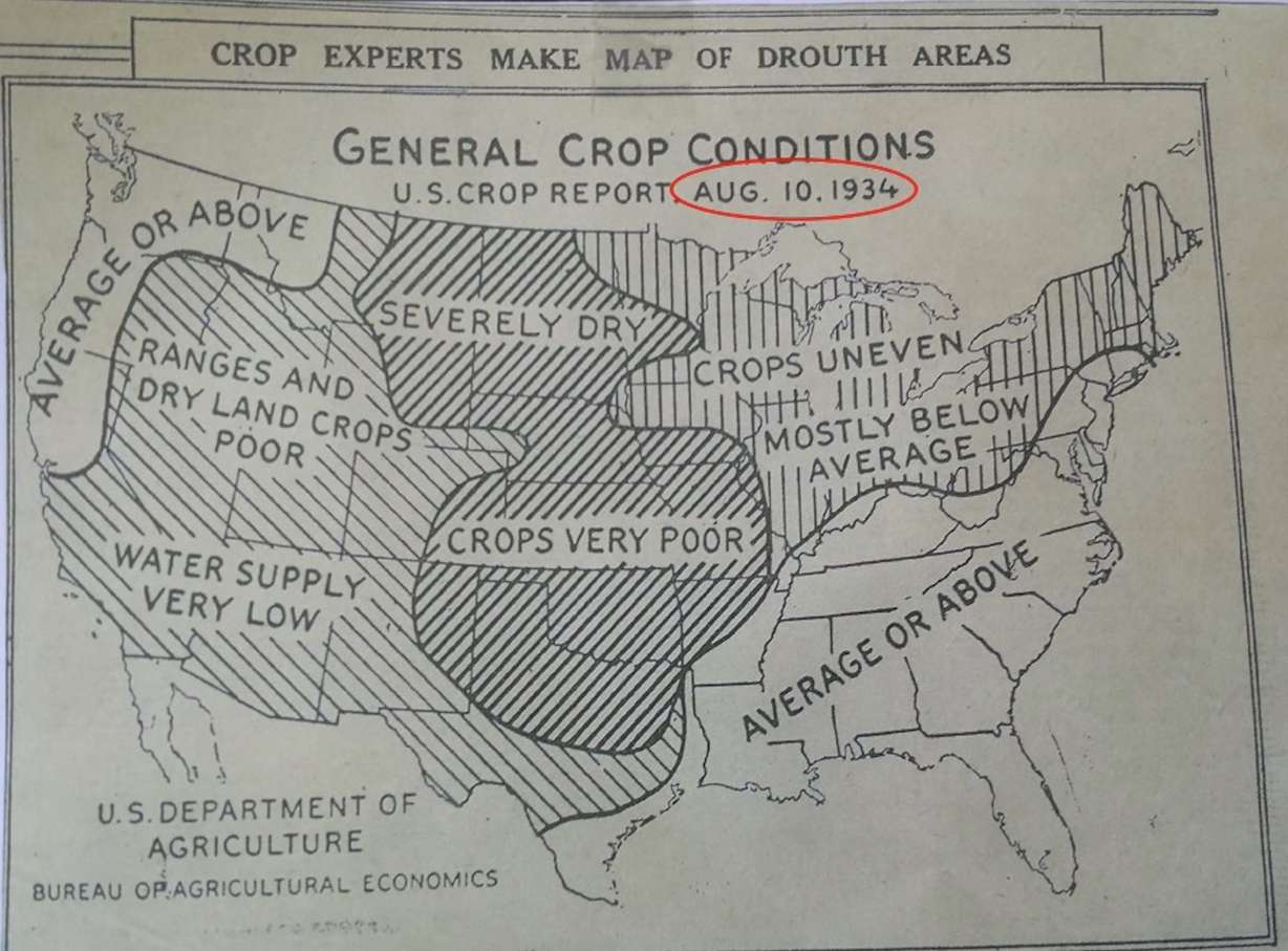 A map of U.S. drought conditions on Aug. 10, 1934. Drought experts note that drought metrics were mostly qualitative until the U.S. Drought Monitor was established in 1999.