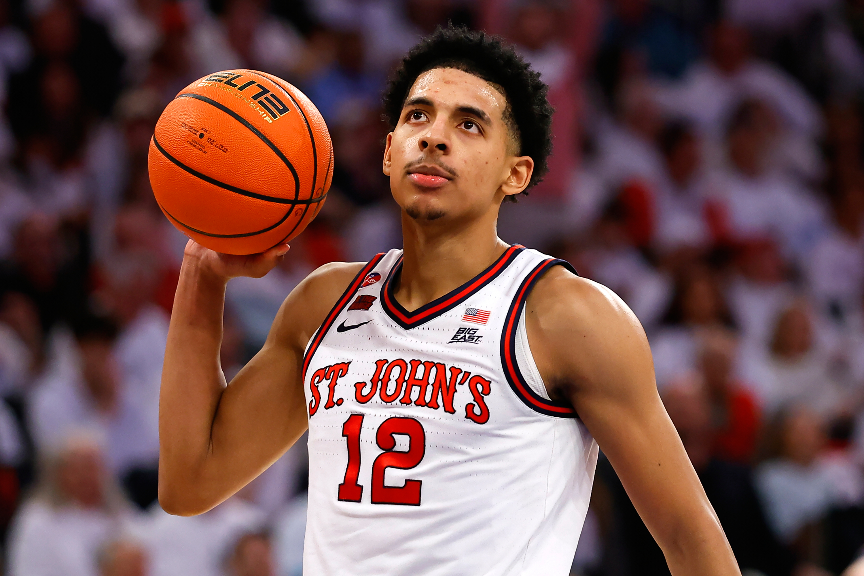 FILE - St. John's guard RJ Luis Jr. (12) holds the ball during the second half of an NCAA college basketball game against Seton Hall, March 1, 2025, in New York. 