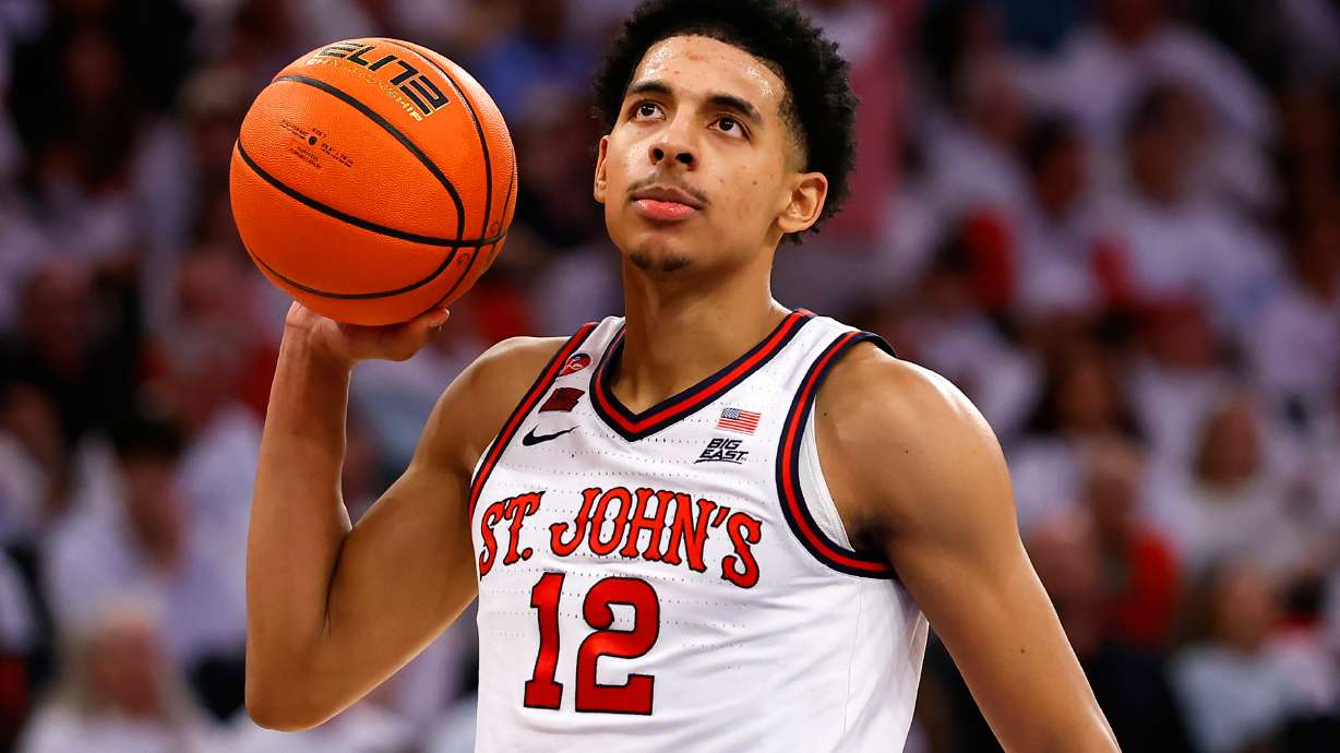 FILE - St. John's guard RJ Luis Jr. (12) holds the ball during the second half of an NCAA college basketball game against Seton Hall, March 1, 2025, in New York.