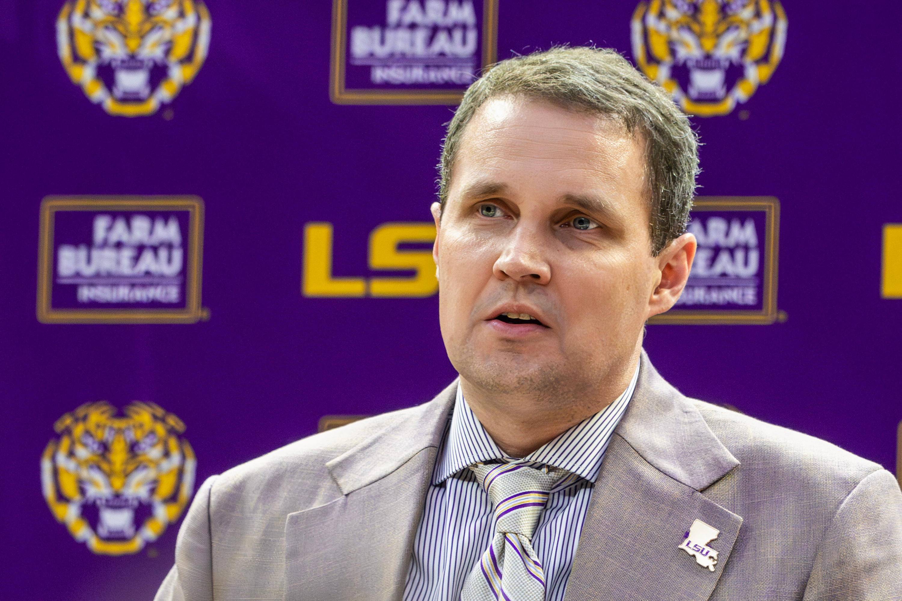 FILE - Will Wade talks about his journey back to LSU as the men's NCAA college basketball coach during an introductory news conference, March 30, 2026, in Baton Rouge, La. 