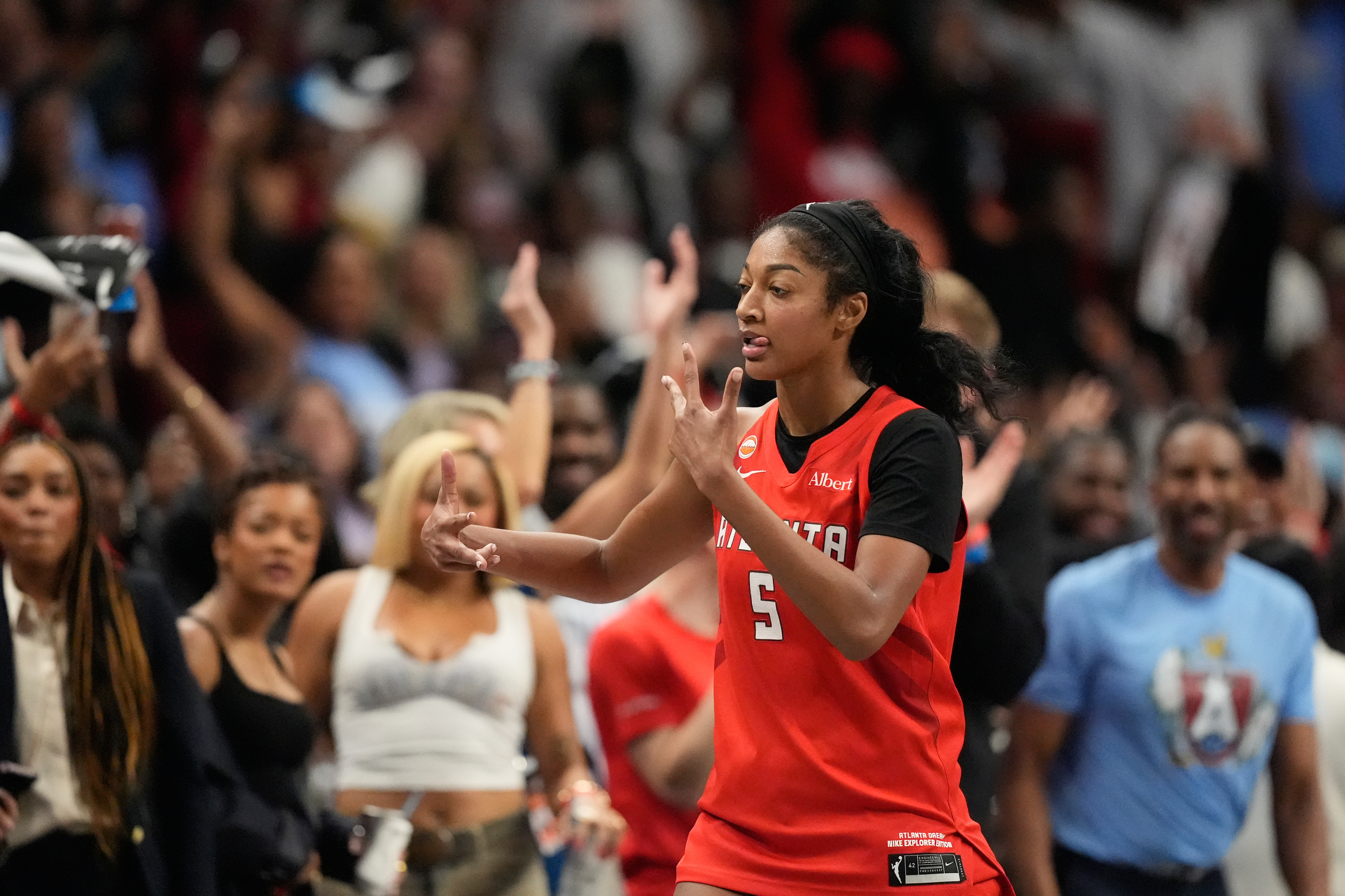 Atlanta Dream's Angel Reese reacts after scoring a three-pointer during the second half of Game 6 of the WNBA basketball finals against the Golden State Valkyries on Thursday, Oct. 29, 2026, in Atlanta. 